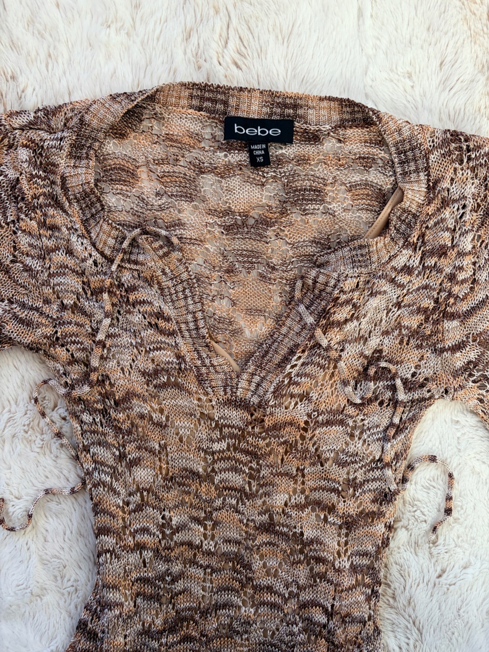 ✨ Y2K Bebe Metallic Mini Dress Vintage Shimmer Crochet Lace Euro Summer Festival